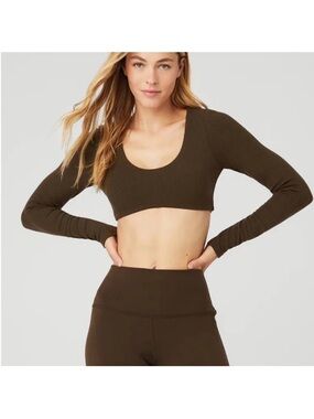 Alo Ribbed Defined Long Sleeve Bra Espresso Brown Small